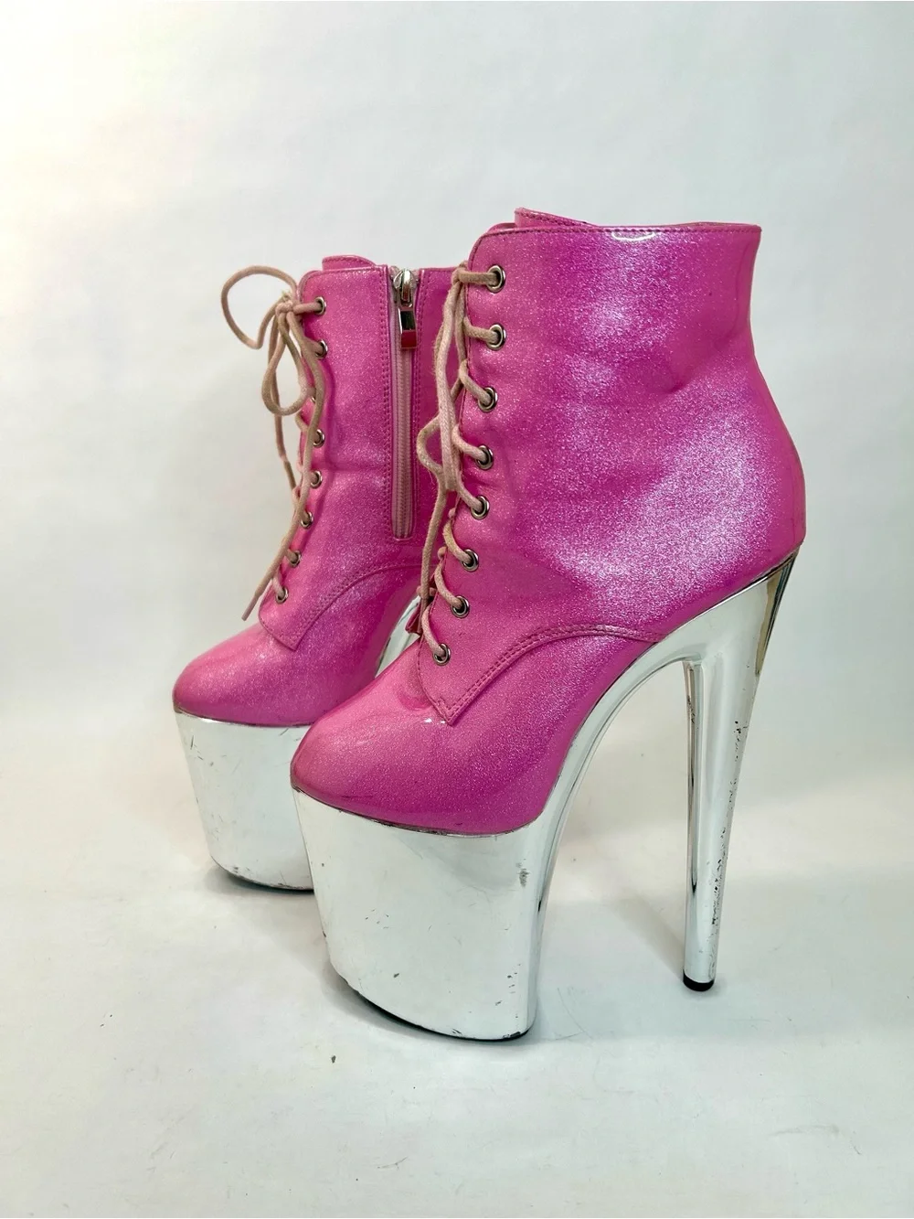 Golden Bulls Pink Glitter Patent Chrome Platform High Heel Ankle Boots size 7.5